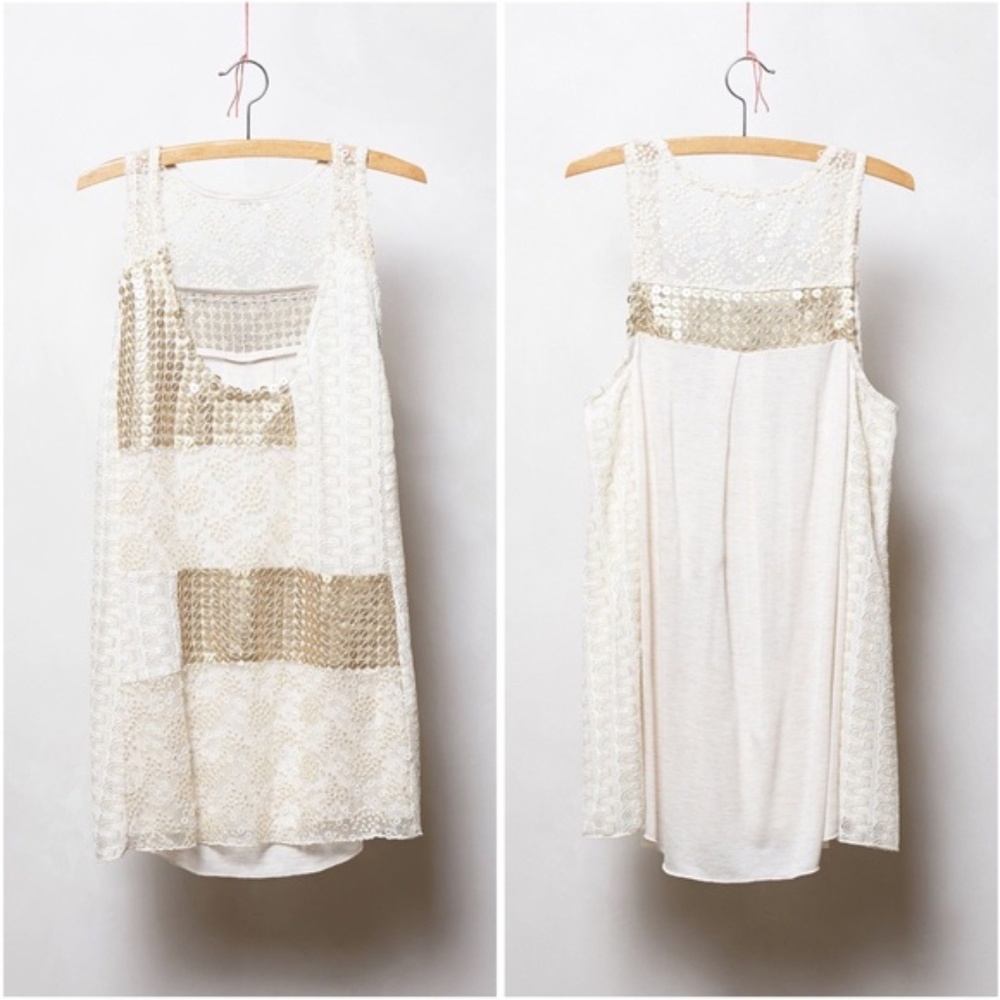 Anthropologie Cream and Gold Lace Patchwork Tank